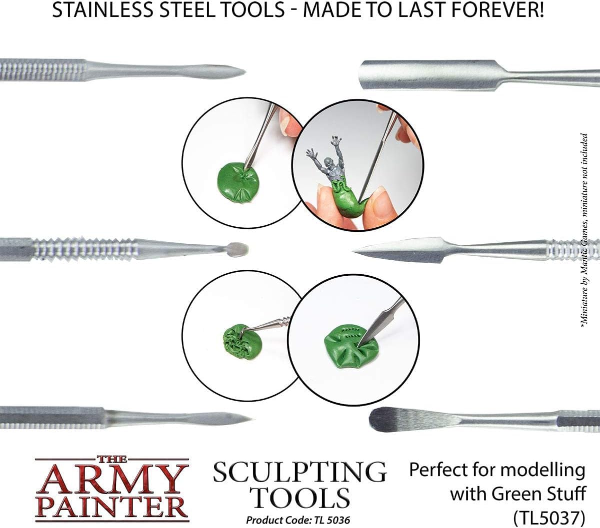 The Army Painter Clay Sculpting Tools - Set with Three Double Ended Stainless Steel Dab Tool, Polymer Clay Tools for Modeling Plastic, Resin, and Metal Miniatures - Green Stuff Putty Tool Clay
