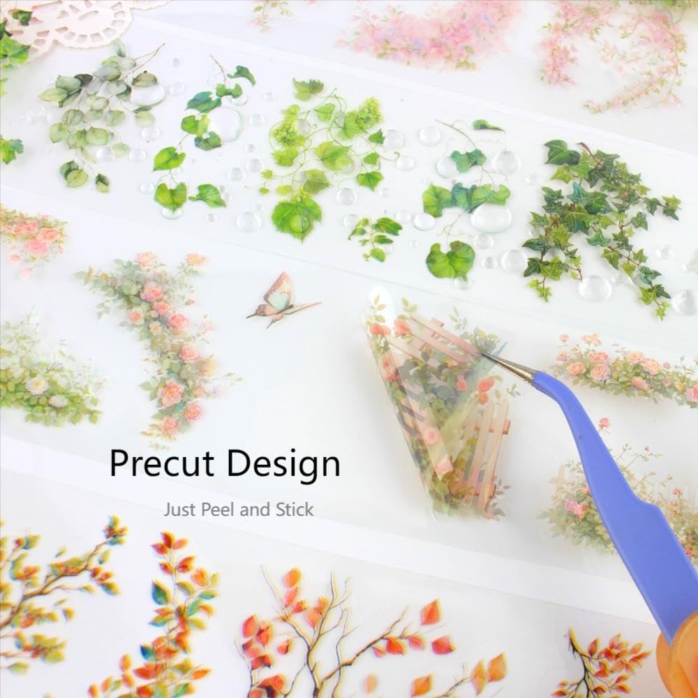 Diuhofart Holographic Garden Plant PET Tape Stickers for Journaling and Scrapbooking, 6 Rolls Precut Flower Branch Vines Decorative Tapes for Junk Journal Supplies, Bujo, Planners, DIY Crafts