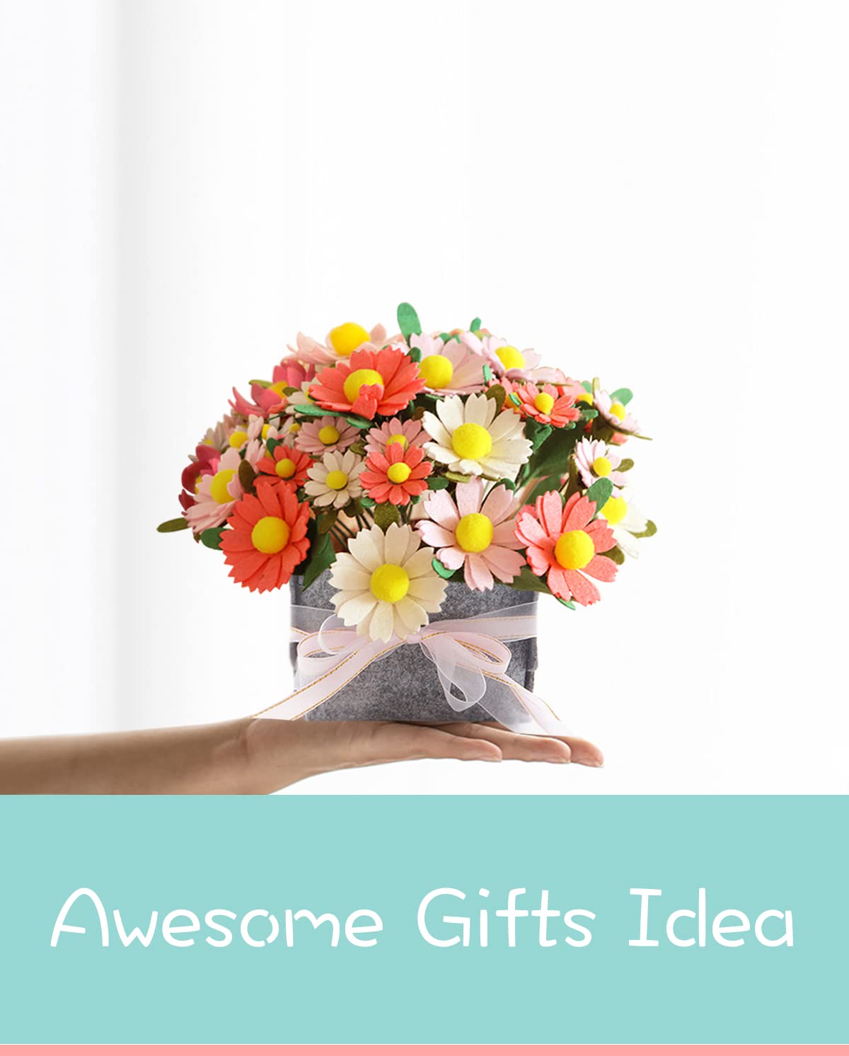 BAZIMA DIY Felt Flower Art Craft Kit, DIY Daisy Bouquet Kit, Floral Gifts, Beginner Craft Kit, Arrange Pre-Cut Flowers and Foliage