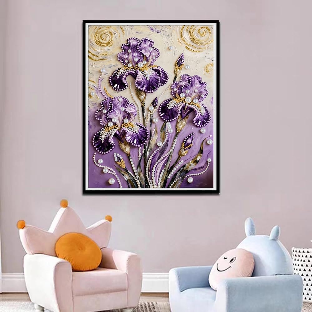 LPDJITO DIY Diamond Pearl Painting Kit for Adults, Flower 5D Pearl Painting Craft 12x16 inch, Beginner Friendly Home Wall Decor Art, Gift for Women Men Housewarming 12x16 (Purple flowersr)