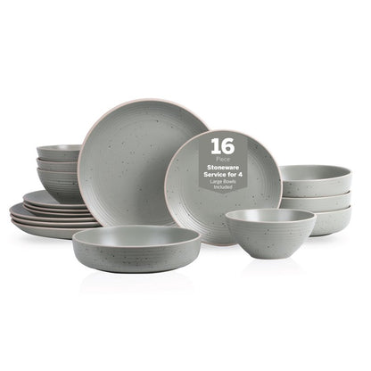 Stone Lain Lauren Stoneware, Rustic Plates and Bowls Set, Dinnerware, Service for 4, Speckled Green, Dishwasher & Microwave Safe, 16-Piece