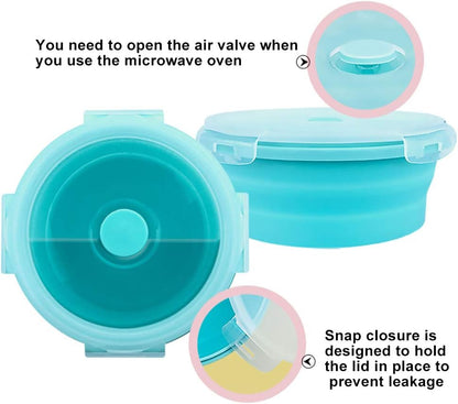 GLE2016 Collapsible Bowls, Silicone Food Storage Containers with Lids for Camping, Round Lunch Containers, Blue