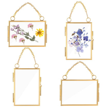 4Pcs Double Glass Frame for Pressed Flowers, 2x3 inch Brass Clear Pressed Flower Decor with Chain, Gold Floating Hanging Photo Frame, Horizontal Vertical Frames for Specimen Artwork Display Decor