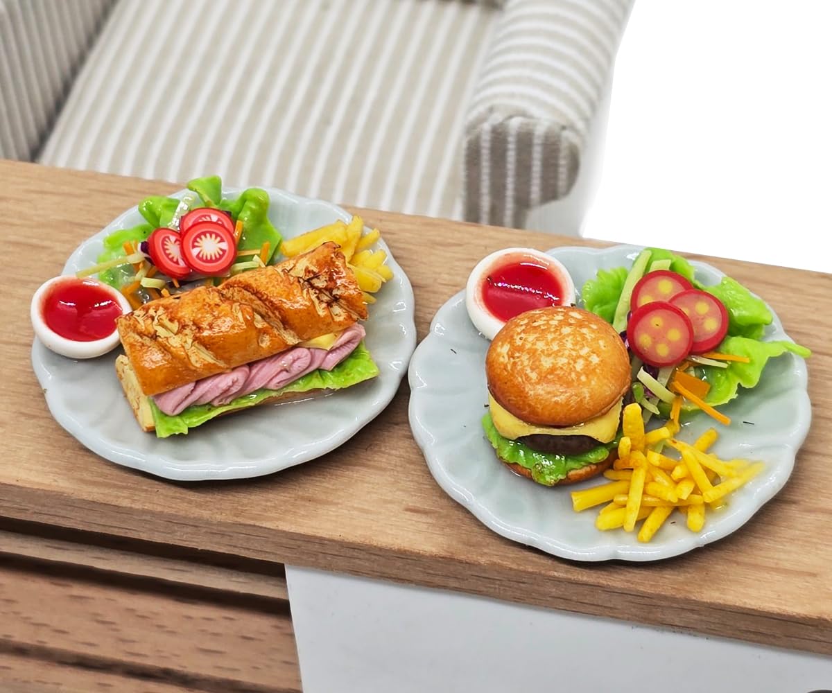 WitnyStore Tiny 1⅜" Hamburger and Sub Sandwich Realistic Mini Foods Miniature Hand Made Polymer Clay Food Meal Model Replica On Ceramic Dishes Decorative Figure Collectible Figurine Décor Art Gifts