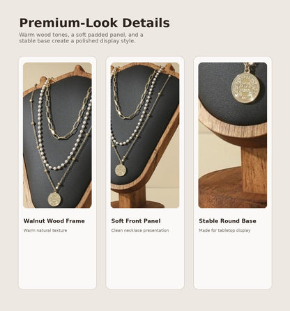 kaysqdxssy Necklace Display Stand, Walnut Wood Jewelry Holder with Soft Padded Leather Panel, Tabletop Necklace Organizer for Dresser, Vanity, Boutique Display (Black)