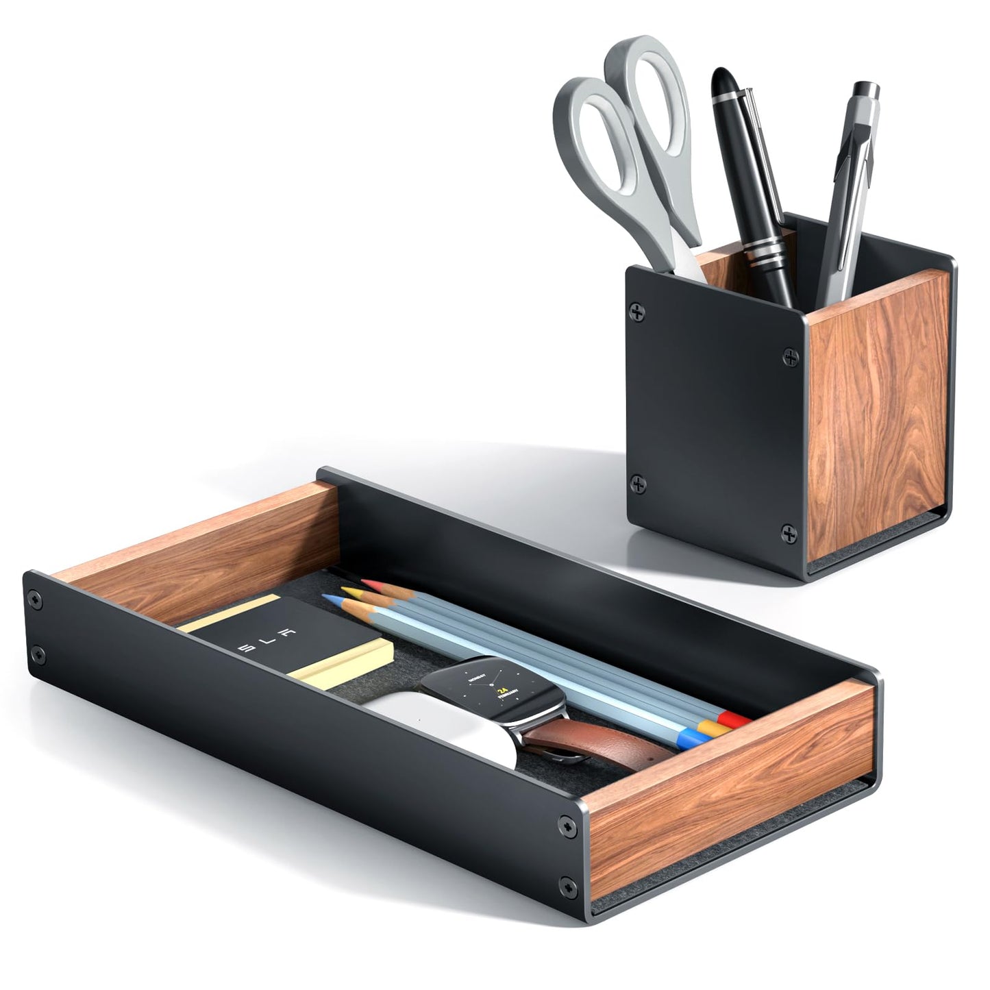 UPERGO Walnut Desk Tray with Pen Holder Set, Natural Wooden Desk Drawer Organizer Office, Organizer Tray for Keys, Pen, Watch