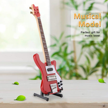 Red Miniature Bass Guitar Wood Replica Model Ornament - Adjustable Stand Mini Art Projects Christmas Gift