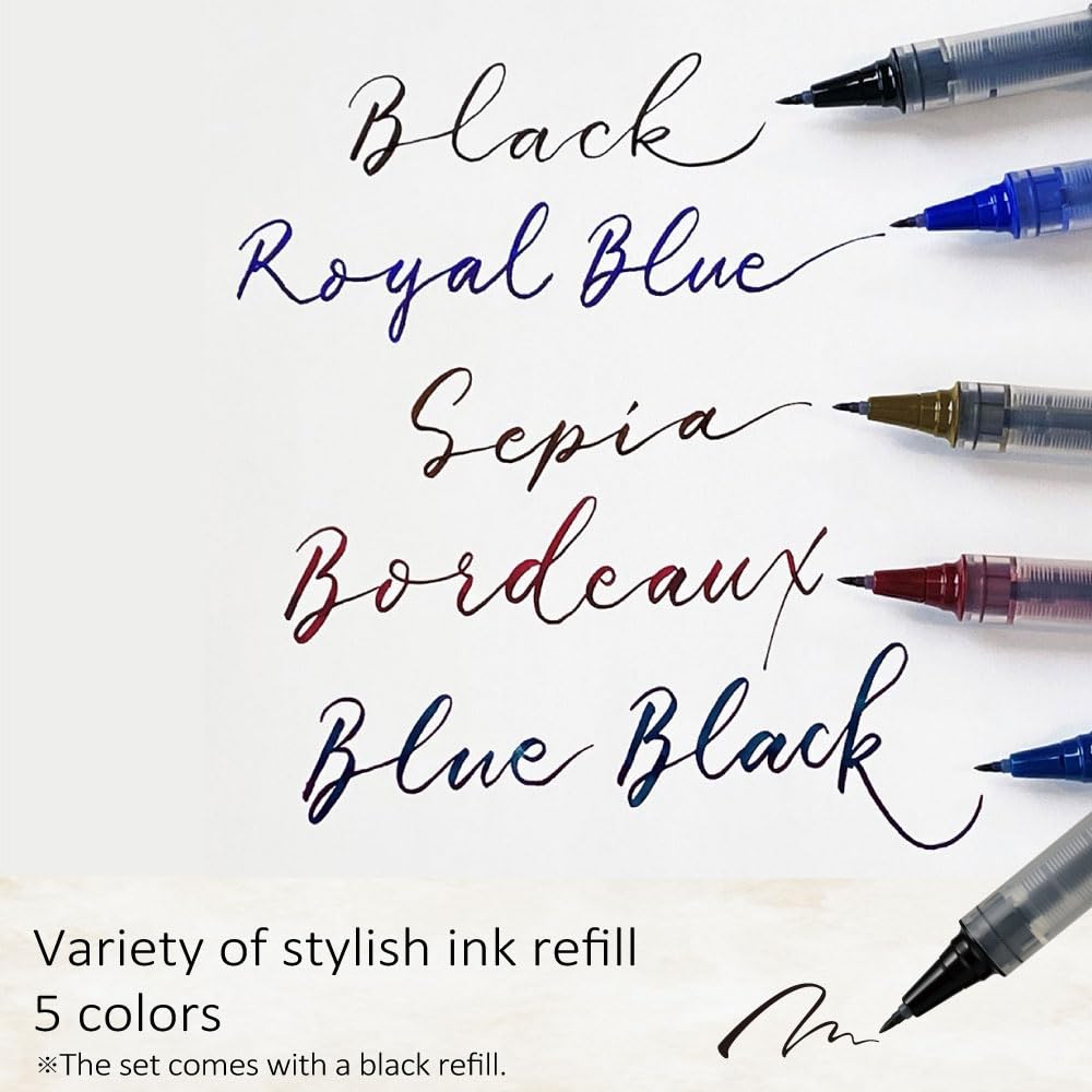 Kuretake ZIG Letter Pen COCOIRO, Body with Black Ink Refill Set, Flexible Extra Fine Brush Tip, Refillable marking Pen for Calligraphy, Hand Lettering, Made in Japan (POTTER'S PINK, Black)