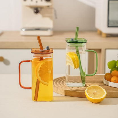 FUENYEJIA 13 Lided straw glass cup, ounce iced coffee cup for juice, milk, coffee, cappuccino, latte, cold drinks