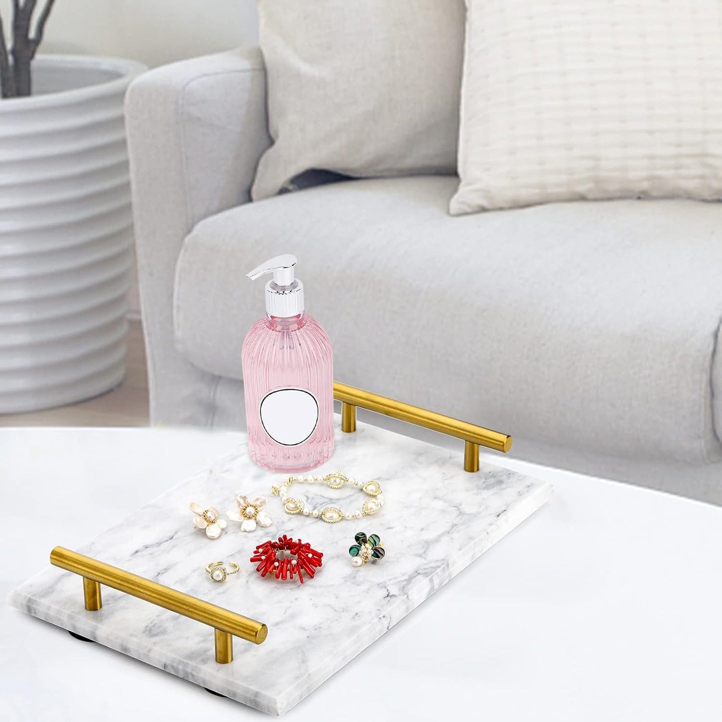 12" DEAYOU Decorative Tray with Gold Handles, Natural Marble Stone Tray, Nightstand Serving Tray with Metal Handle