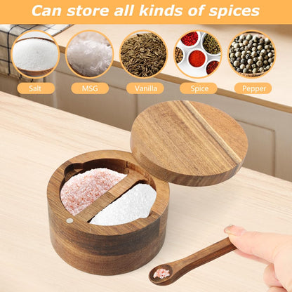 Velarionna Wood Salt and Pepper Bowl, AcaciaWood Salt Cellar with Built-in Spoon and Magnetic Swivel Lid, Container Holder to Storage Pepper Spice(SIZE:L)
