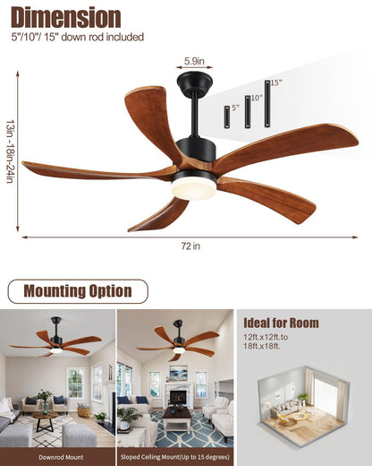 Forrovenco 72 In Ceiling Fans with Lights and Remote, USA Original Patent 72" Large Ceiling Fan, 3 Downrods, 5 Solid Wood Blades, 6 Speeds Quiet DC Motor Modern Outdoor Indoor Fan, 72in Yellow Walnut
