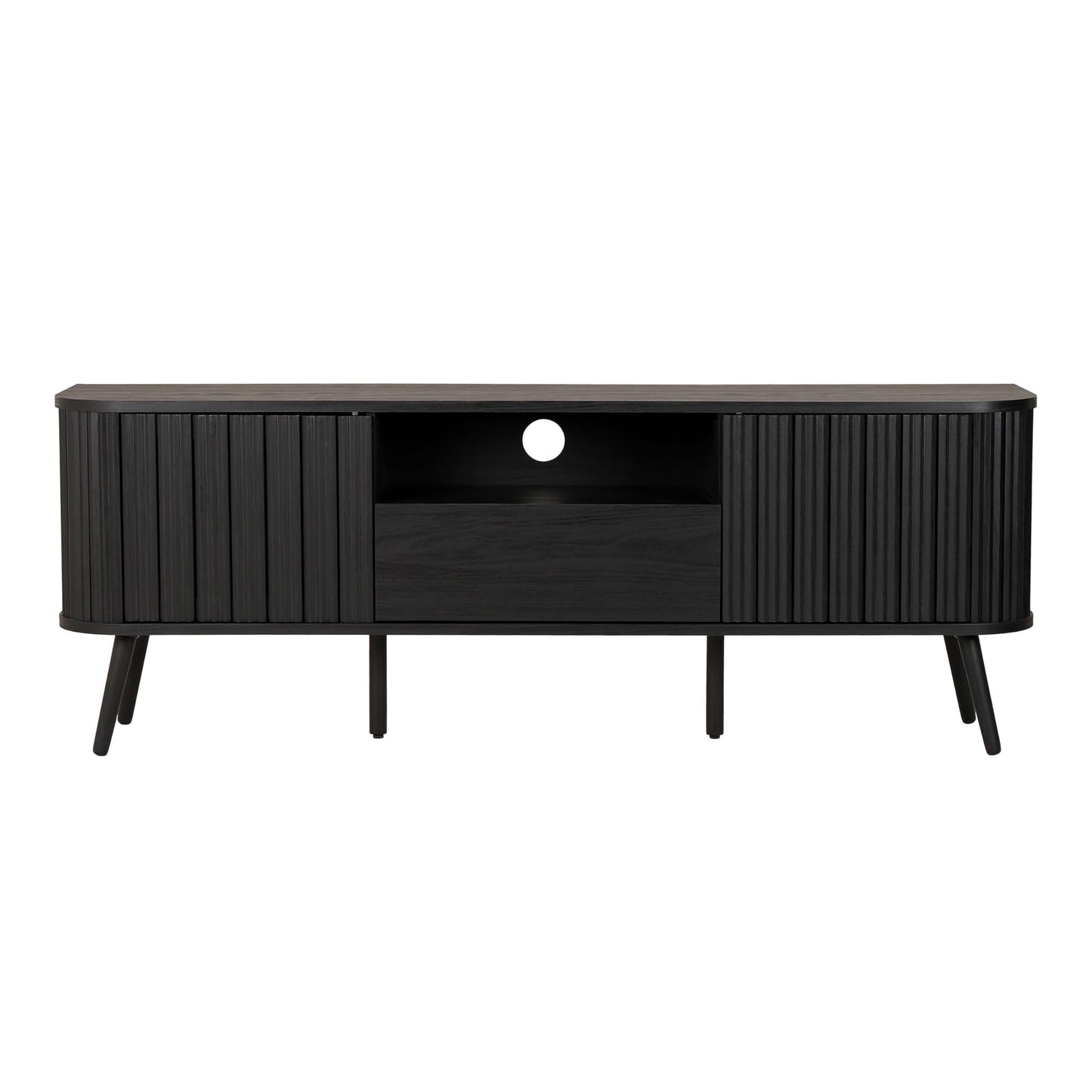 JONATHAN Y Damien 70" Mid-Century Fluted Wood TV Stand for TVs up to 75 Inch, Entertainment Center with Soft-Close Doors and Drawer, Media Console for Living Room, Black TVS1001C