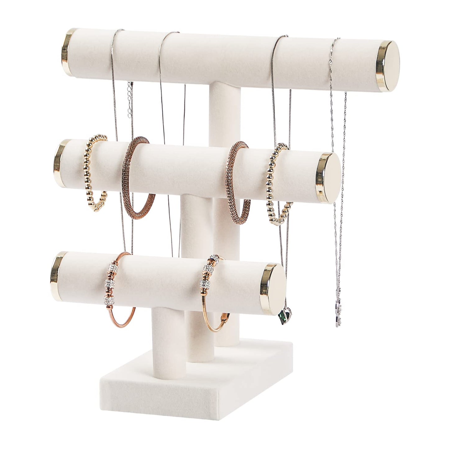 Pengup 3 Tier Bracelet Holder,Bracelet Display Stand with Metal Cap,Beige White Velvet Jewelry Organizer Displays for Necklace Scrunchies Watches Hair Ties.