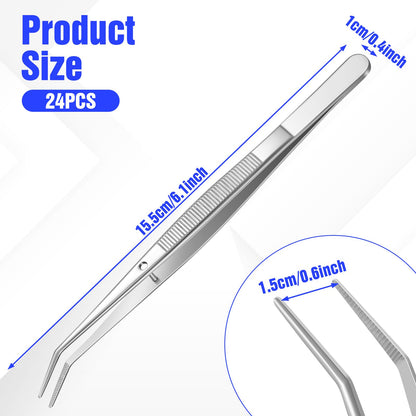 24Pcs Stainless Steel Tweezers with Curved Serrated Tip, 6Inch Long Tweezer for Crafting, Non-Slip Sewing Machine Tweezers High Precision Multipurpose Tweezer for Craft Sewing (Silver)