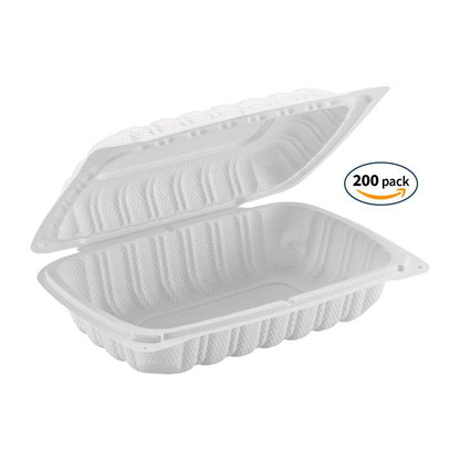TIYA Clamshell Food Containers - White Bulk 200 Pack, 9x6 in - BPA-Free Plastic To-Go Containers - Microwavable, Hinged, Tall Clamshells Reusable Packing- Great for Meal Prep