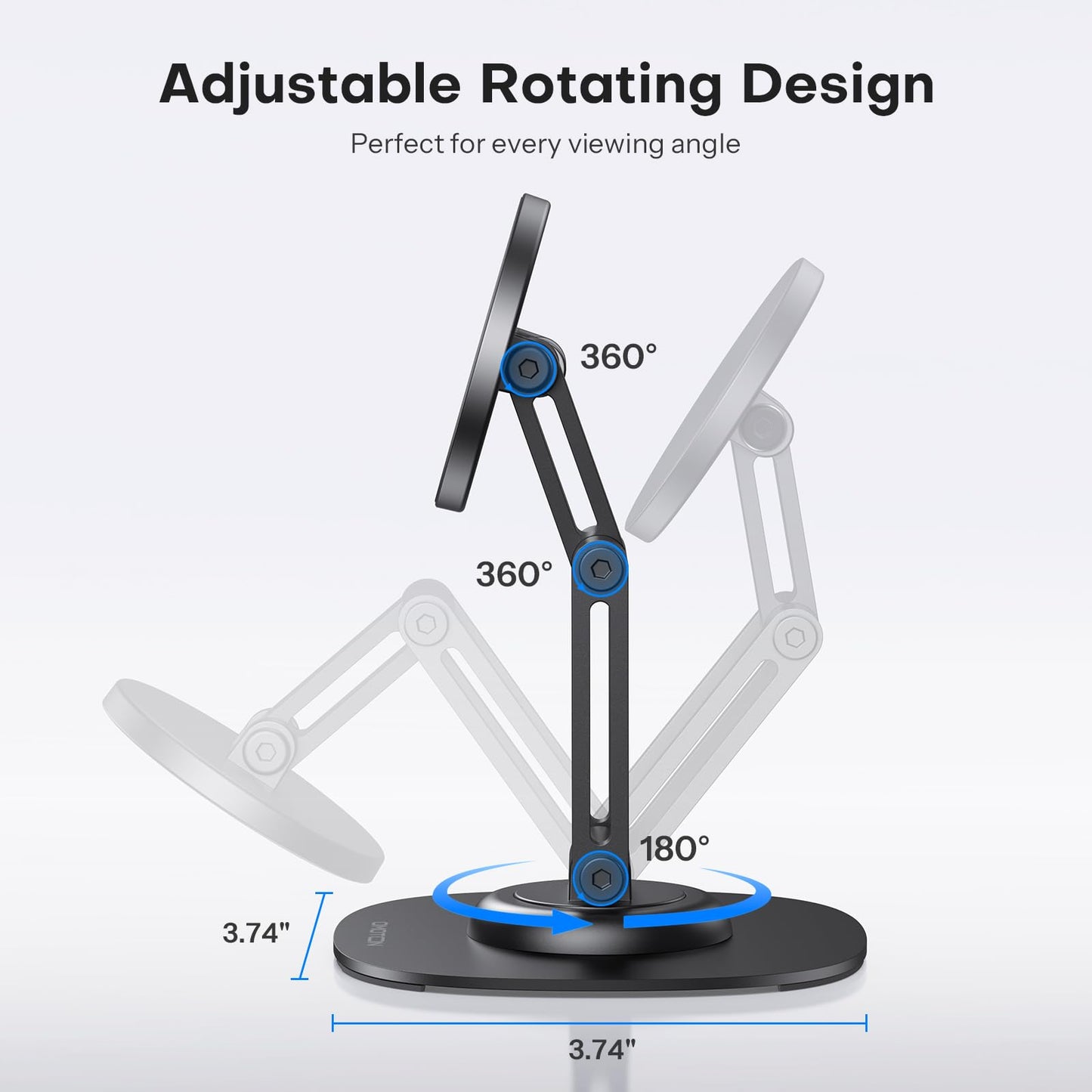 OMOTON 360°Rotating Magnetic Phone Stand for Desk, Adjustable Foldable Aluminum for MagSafe Cell Phone Stand Holder with Non-Slip Base, for iPhone 17/16/15/14 Pro Max Air/MagSafe Case- Black