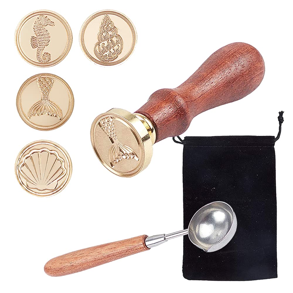 CRASPIRE 7Pcs Ocean Theme Wax Seal Stamp Kit Shell Seahorses Sealing Wax Stamps Brass Heads Wood Handle Black Velvet Pouch Conch Sea Animals Retro Brass Stamp Kit for Letter Envelope Card Gift Decor