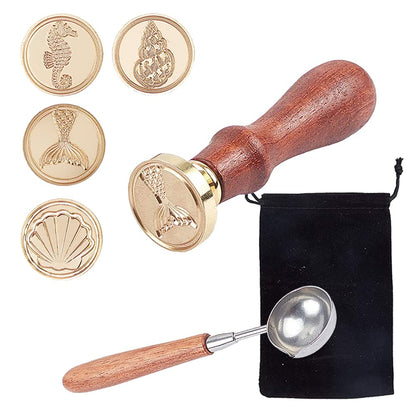 CRASPIRE 7Pcs Ocean Theme Wax Seal Stamp Kit Shell Seahorses Sealing Wax Stamps Brass Heads Wood Handle Black Velvet Pouch Conch Sea Animals Retro Brass Stamp Kit for Letter Envelope Card Gift Decor