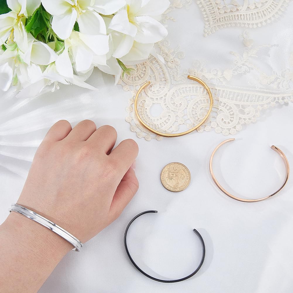 SUNNYCLUE 1 Box 4pcs Stainless Steel Bangle Bracelet Bangle Cuff Blanks Silver Black Rose Gold Groove Open Cuff Gemstones Empty Blank Bracelets for Jewelry Making Women Christmas Inlay Laser Engraving