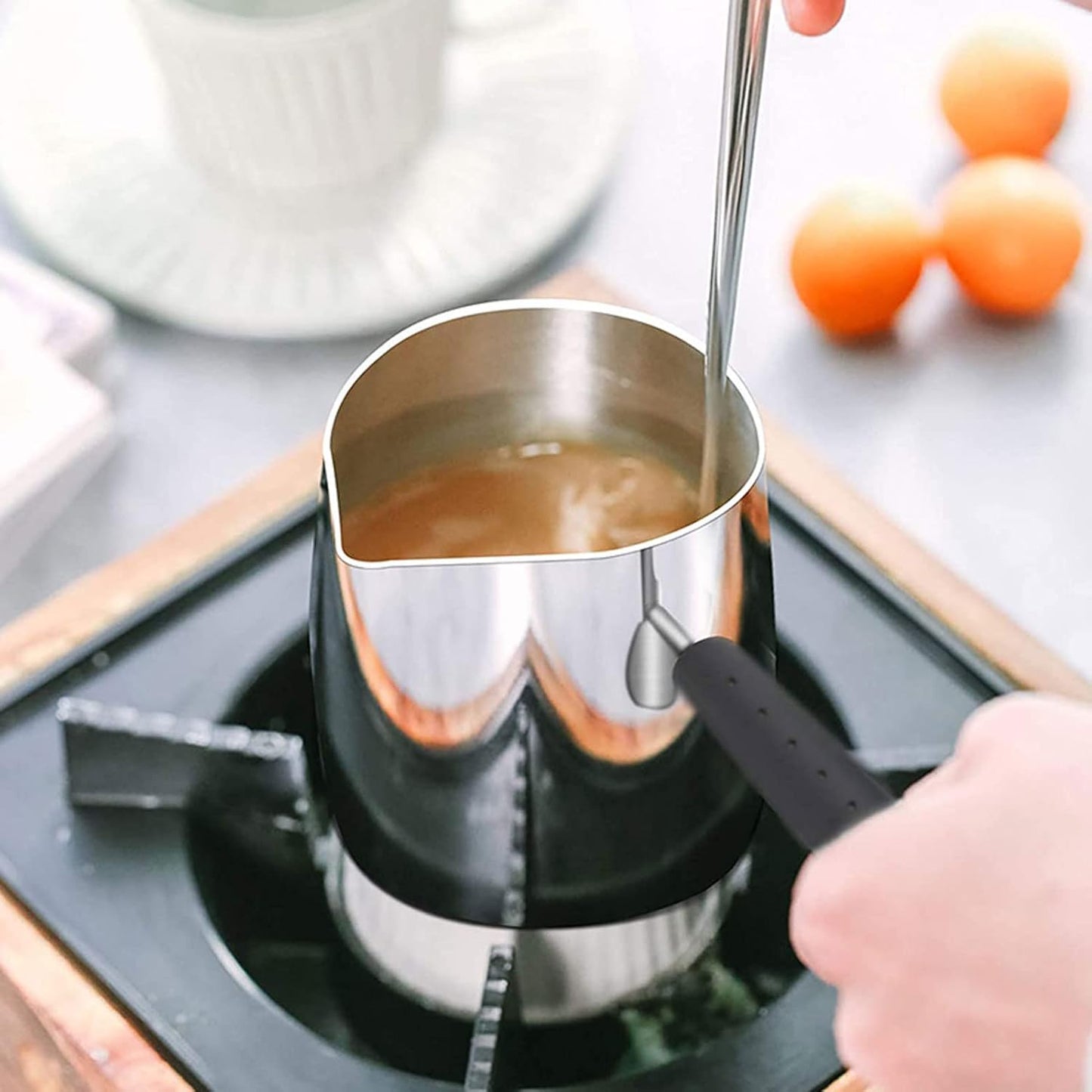 600ml Turkish Coffee Pot, Stainless Steel Milk Pot, High Temperature Resistant Butter Warmer with Cleaning Brush