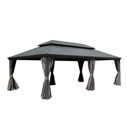 GOWE 14x24FT Hardtop Gazebo, Outdoor Gazebo with Galvanized Steel Double Roof, Aluminum Frame, Built-in Gutter System, Curtain and Netting, Metal Gazebo Pavilion for Patio Deck Garden, Grey
