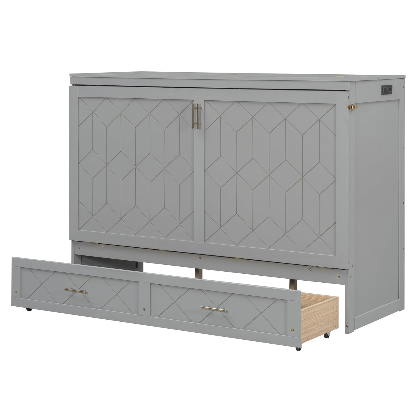 Merax Queen Size Murphy Cabinet Bed with Storage Drawers, Wall Murphy Bed with a Set of Sockets & USB Ports, Folding Platform Bed for Small Room