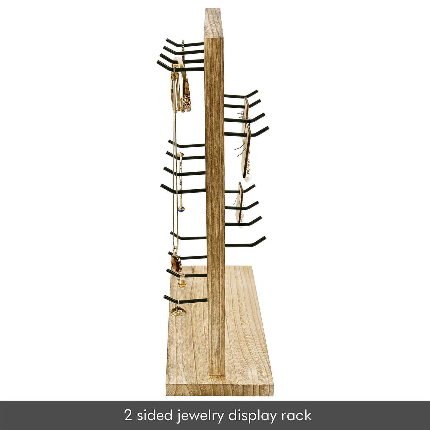 Ikee Design Wooden Jewelry Display Rack with 20 Removable Metal Hooks, Earring Card Display Holder Stand for Earring Cards, Necklaces, Bracelet, Keychain Stand, Oak Color