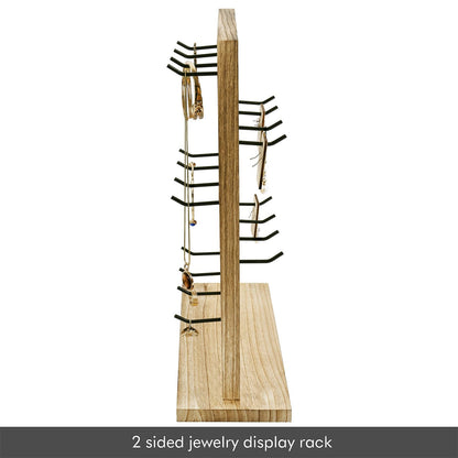 Ikee Design Wooden Jewelry Display Rack with 20 Removable Metal Hooks, Earring Card Display Holder Stand for Earring Cards, Necklaces, Bracelet, Keychain Stand, Oak Color