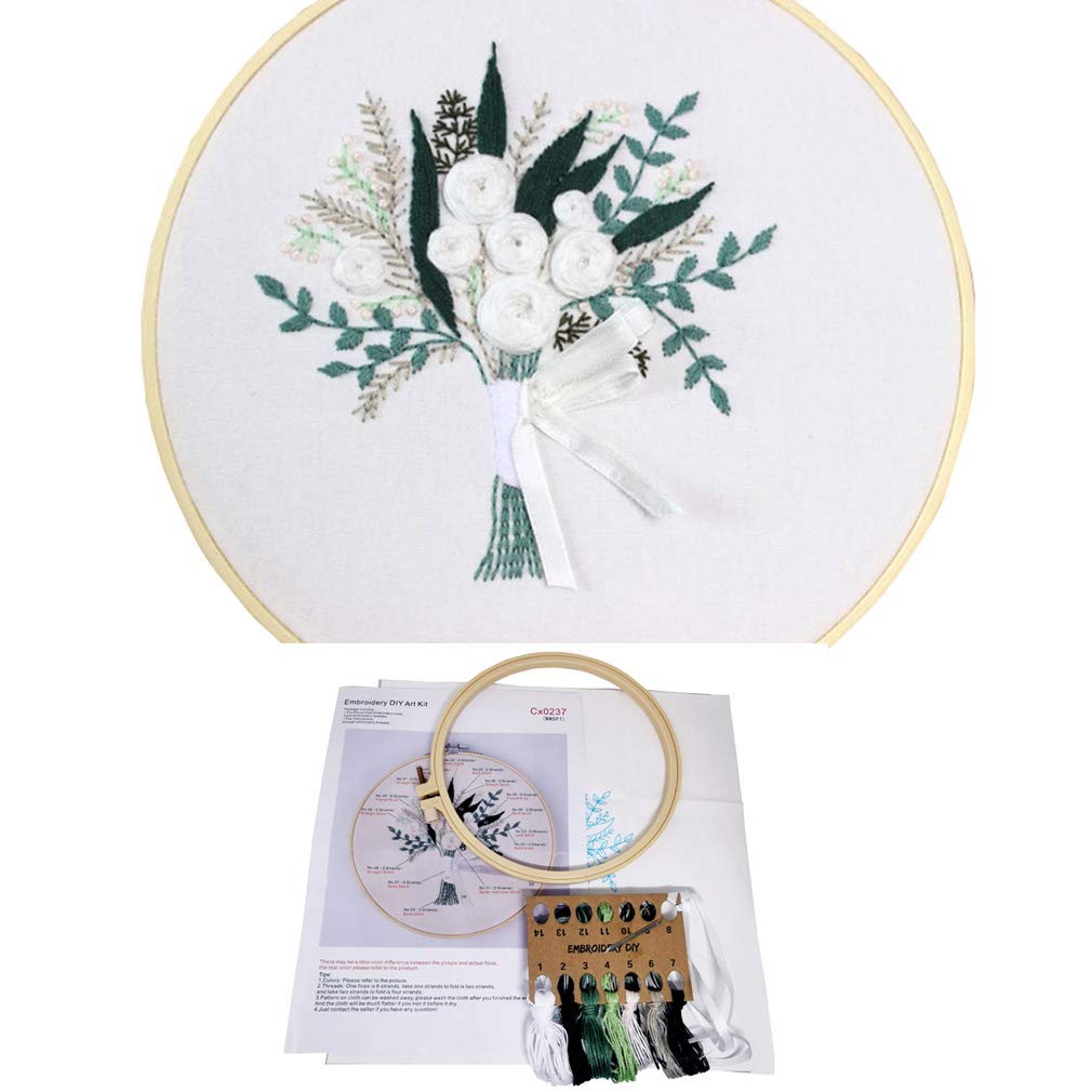 3 Sets Embroidery Starter Kit with Pattern and Instructions,Cross Stitch Beginner Kits with Frame,3 Plastic Embroidery Hoops,3 Embroidery Clothes and Color Threads (3 X Flower Pattern)
