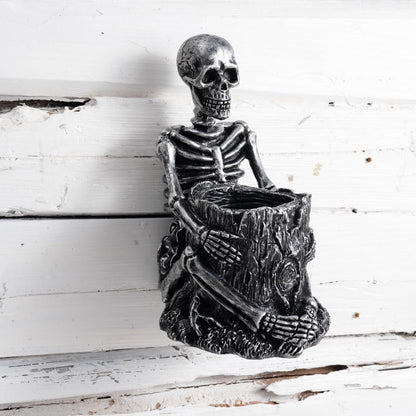 Arola Skull Pen Pencil Holder Skeleton Key Holder Makeup Brush Holder Home Office Desk Supplies Organizer Accessory（Silver-Plated）