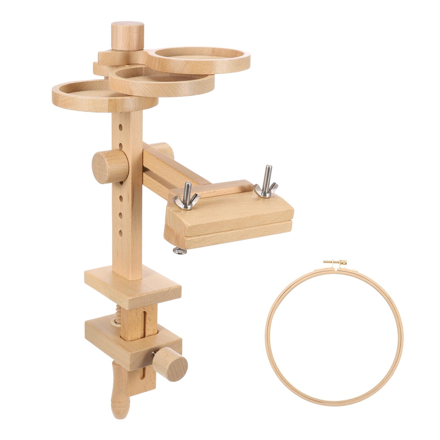 PATIKIL Embroidery Hoop Stand, Adjustable Beech Wood Cross Stitch Stand Holder with Built-in Storage Tray for DIY Art Craft, Sewing, Needlework Projects, with 8" Embroidery Hoop
