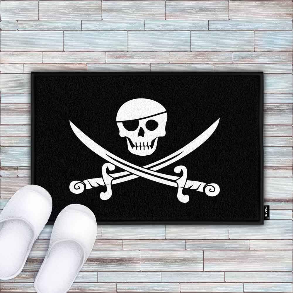 HOSNYE Jolly Roger Pirate Flag Doormat, Super Soft Flannel Fabric with Skull Bayonet Cross, Bath Kitchen Mat