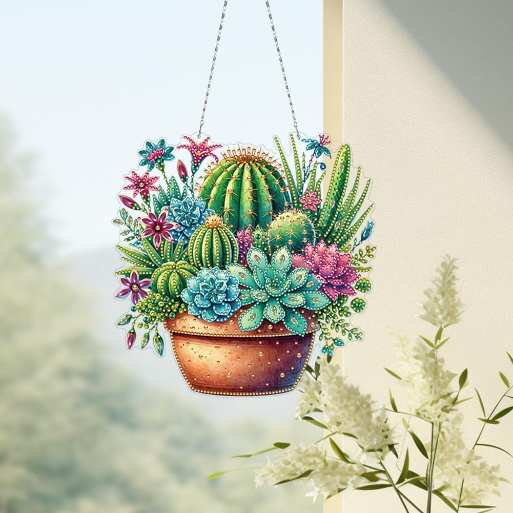 Sulunmo Diamond Art Hanging Kit, Acrylic Diamonds Art Painting Pendant for Adults, DIY Gem Painting Board Kit for Window Door with Crystal Drills(Cactus Pot-184)