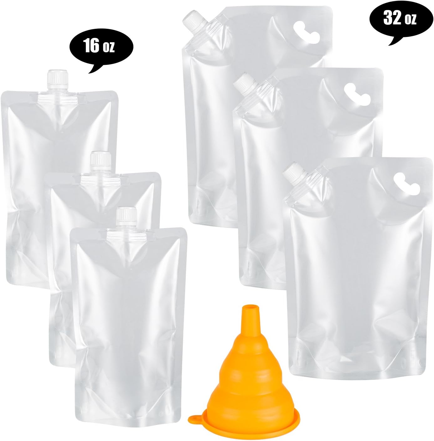 3 32oz, 3 16oz, Kichwit Plastic Liquor Pouches Drinking Flasks, Reusable Liquid Spout Bags, BPA Free, Collapsible