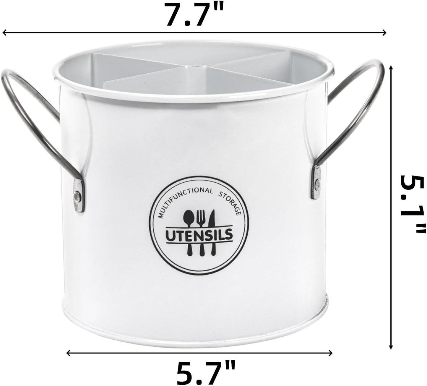 Vintage Farmhouse Utensil Holder, 4 Compartment Metal Cutlery Caddy with Removable Divider, White