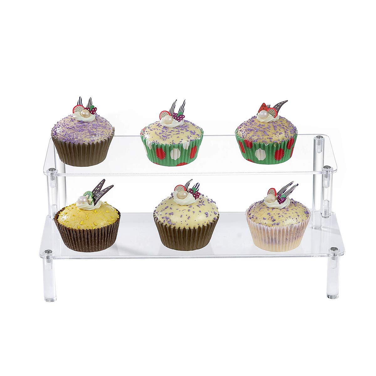 BYCY Acrylic Clear 2-Tier Riser Display Shelf for Figures, Desserts Holder, Collections Organizer and Cosmetic Items Shelf (12" x 6.9" x 4.25")