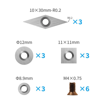 DEEFIINE 18 Pieces Tungsten Carbide Cutters Inserts Set for Wood Lathe Turning Tools Include 11 mm Square with Radius, 12 mm and 8.9 mm Round, 30 x 10 mm Diamond with Pointed Point,6 Pieces screws.