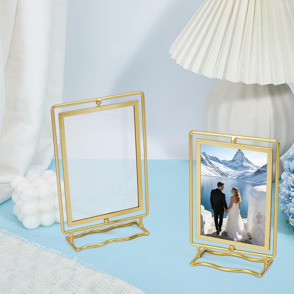 PH PandaHall 2pcs Rotating Photo Frame, Gold Metal Acrylic Picture Frame Double Sided Floating Stand 360° Rotation Photo Display for 4x6in/5x7in Photos Home Office Gift, 2 Sizes