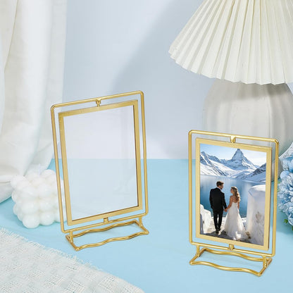 PH PandaHall 2pcs Rotating Photo Frame, Gold Metal Acrylic Picture Frame Double Sided Floating Stand 360° Rotation Photo Display for 4x6in/5x7in Photos Home Office Gift, 2 Sizes