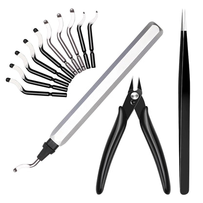 13pcs Deburring Tool with 10 High Speed Steel Blades, Deburring Tool 3D Printing with Micro Cutter Tweezers Deburrin Tool Set for Resin Plastic Metal