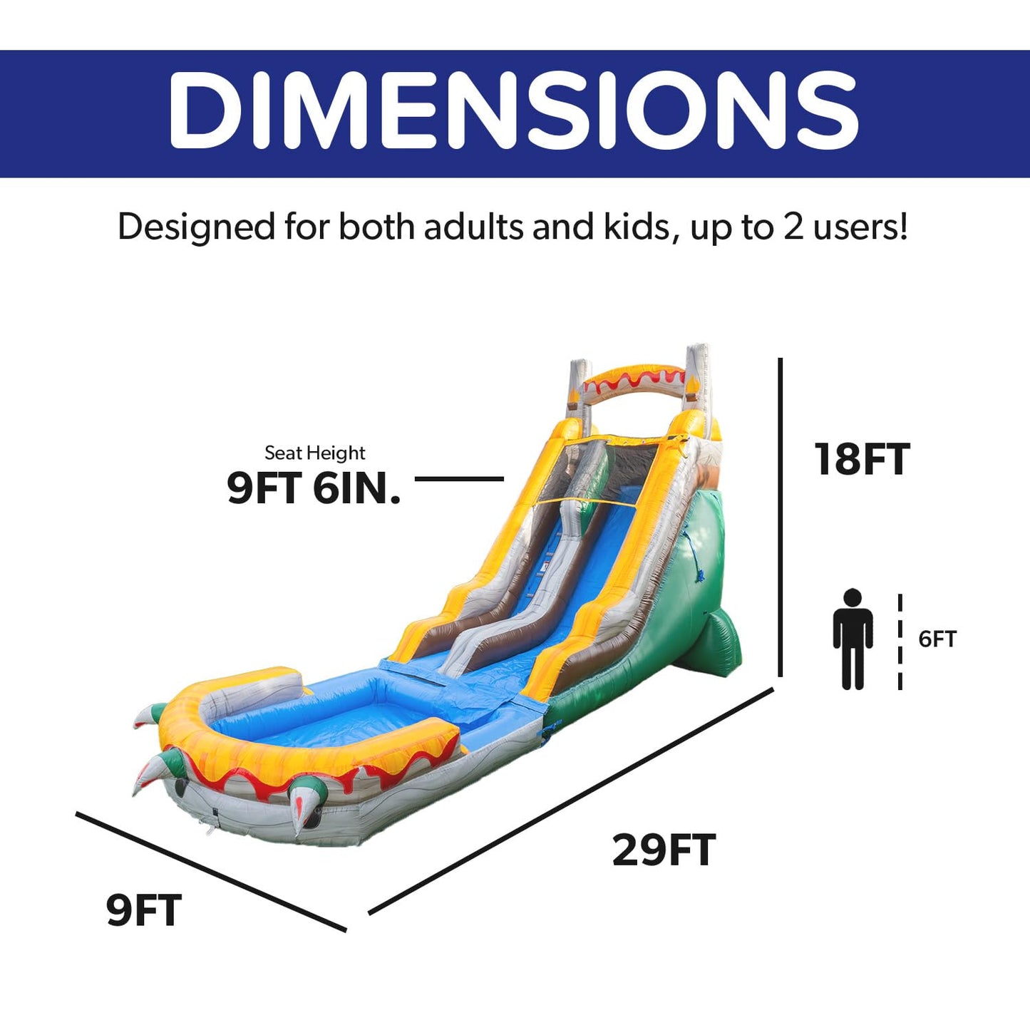 HeroKiddo 18ft T-Rex Inflatable Water Slide with Detachable Pool and Blower, 29ft Long- 100% Commercial PVC Vinyl, Heavy Duty Wet/Dry Slide for Kids and Adults, Front Load Entry for Easy Supervision