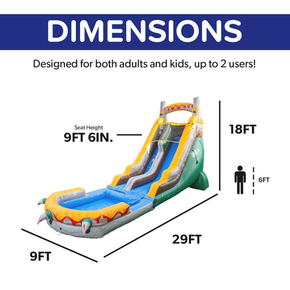 HeroKiddo 18ft T-Rex Inflatable Water Slide with Detachable Pool and Blower, 29ft Long- 100% Commercial PVC Vinyl, Heavy Duty Wet/Dry Slide for Kids and Adults, Front Load Entry for Easy Supervision