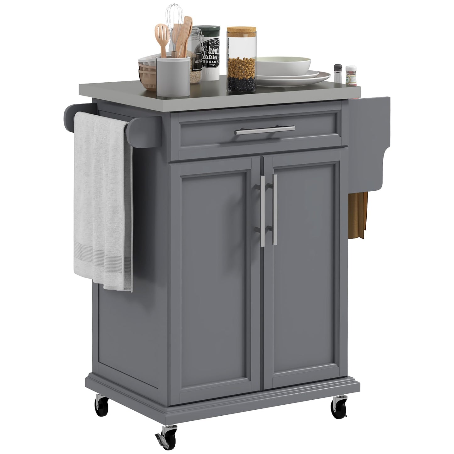 GOWE Kitchen Island on Wheels, Rolling Kitchen Cart with Stainless Steel Countertop, Drawer, Towel Rack and Spice Rack, Utility Storage Trolley, Gray