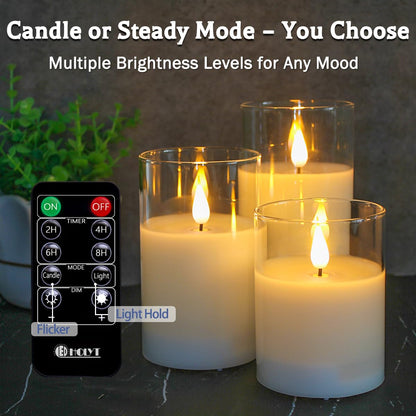 LEDHOLYT Rechargeable Flameless Candle, Flashing LED Pillar Real Wax Candle with Remote Control and Timer, Clear Glass Electronic Candles for Room Decoration, 1 Set of 3