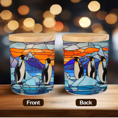 Stained Glass Penguin Tea Light Candle Holders, Arctic Scene Tealight Candle Holder Jar with Wooden Lid, Votive Candlesticks for Table Centerpieces, Christmas,Birthday Party,Home Decor