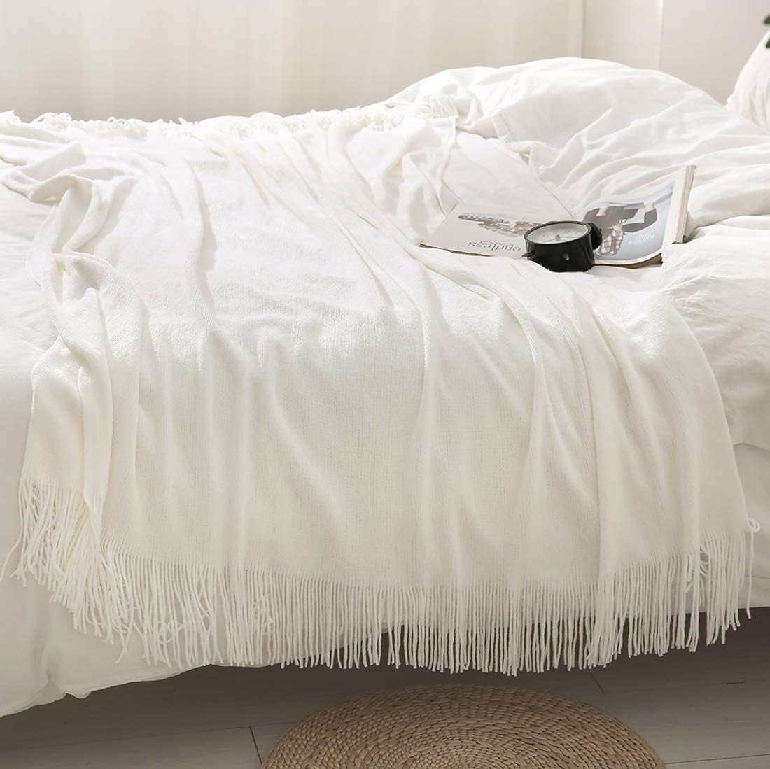 Homiest Cozy 60 80 Inch) Decorative Knitted Throw with Fringe, Lightweight Acrylic Knit Blanket, Soft & Tassel Blanket