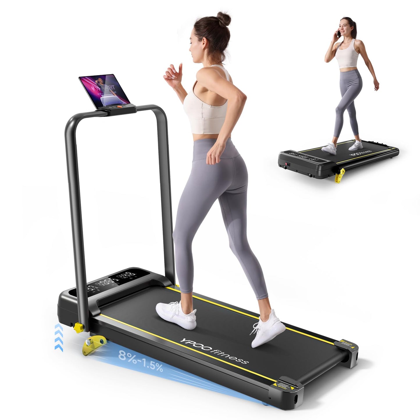 YPOO Walking Pad Treadmill, Incline Walking Pad with Handle, Foldable Treadmills for Home & Office, Compact Under Desk Running Machine for Workout Exercise Quiet