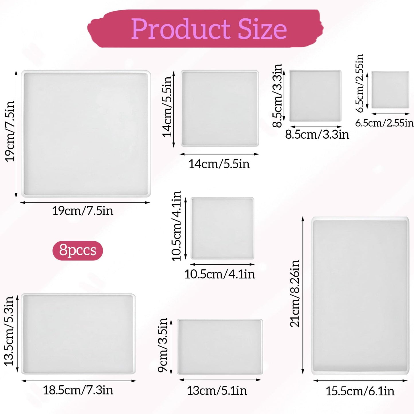 8 Sizes Epoxy Resin Silicone Molds Kit, Square Rectangular Resin Art Display Mold, Soft and Easy to Unmold, Silicone Resins Casting Molds, for Soap, Candles, Specimen, Dried Flower, DIY Handicrafts