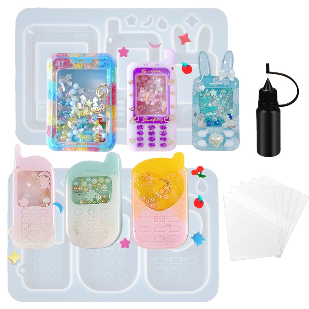 FUNSHOWCASE Resin Shaker Molds Set Mobile Phones Keychain Charm Pack of 8 Silicone Trays Seal Films Precision Tip Applicator Bottle Kit Bundle